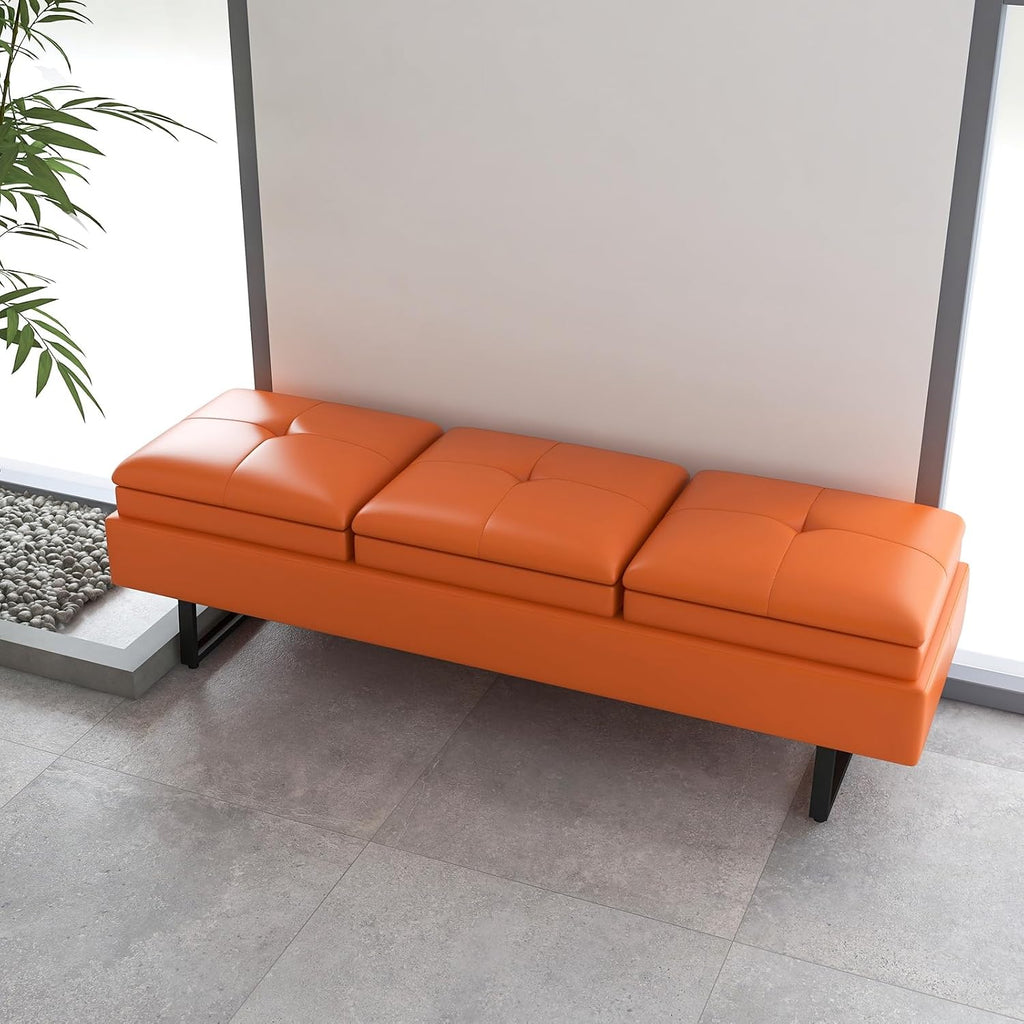 kinbor Waiting Room Bench for Salon - Modern Bench Waiting Room Chairs, Upholstered Lobby Chairs Reception Area Leather Bench Furniture with Metal Legs, 3 Seat