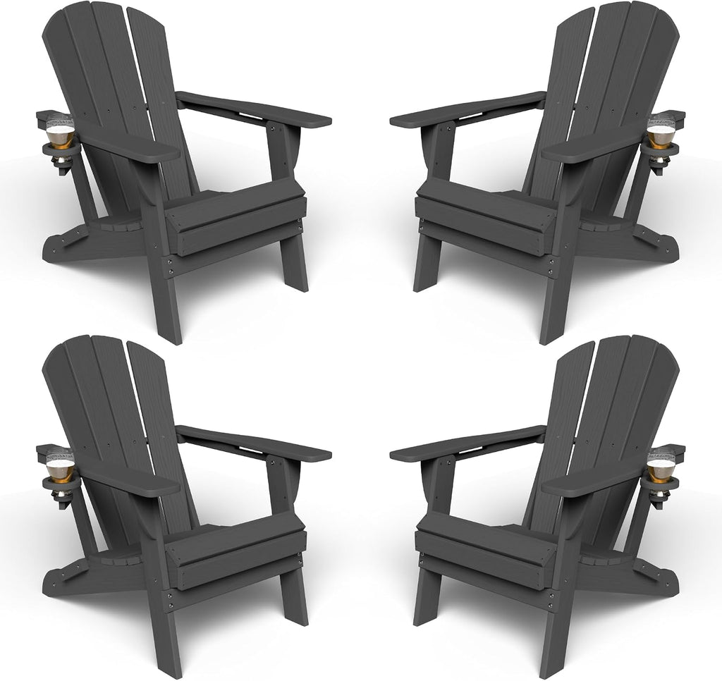 Kingdura Foldable Adirondack Chair, Portable HDPE All Weather Resistant Outdoor Patio Chair, Wooden Textured with Cup Holder, 380LBS Capacity for Poolside, Backyard, Deck, Fire Pit (Black)