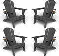 Kingdura Foldable Adirondack Chair, Portable HDPE All Weather Resistant Outdoor Patio Chair, Wooden Textured with Cup Holder, 380LBS Capacity for Poolside, Backyard, Deck, Fire Pit (Black)