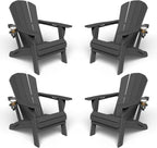 Kingdura Foldable Adirondack Chair, Portable HDPE All Weather Resistant Outdoor Patio Chair, Wooden Textured with Cup Holder, 380LBS Capacity for Poolside, Backyard, Deck, Fire Pit (Black)