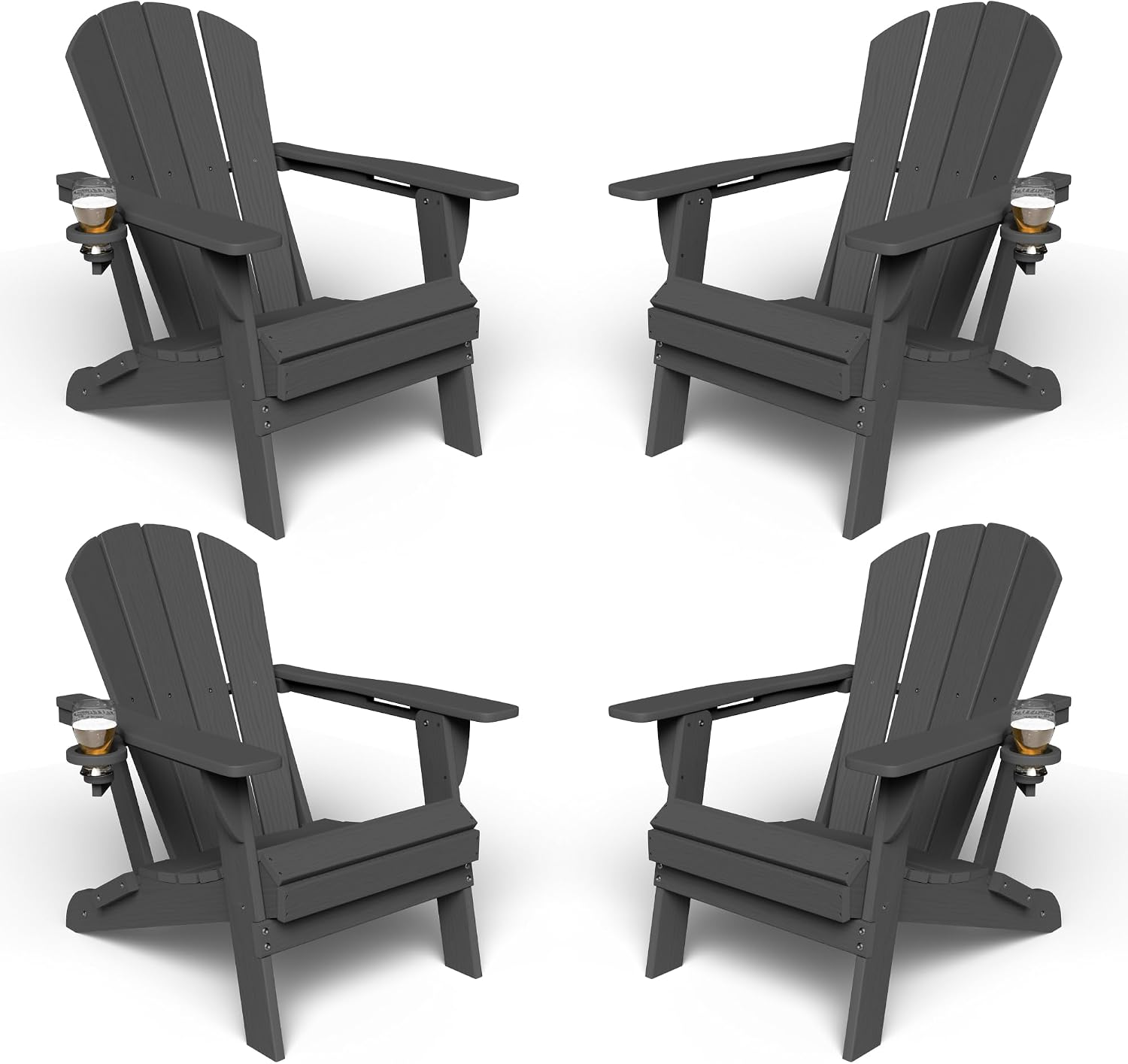 Kingdura Foldable Adirondack Chair, Portable HDPE All Weather Resistant Outdoor Patio Chair, Wooden Textured with Cup Holder, 380LBS Capacity for Poolside, Backyard, Deck, Fire Pit (Black)