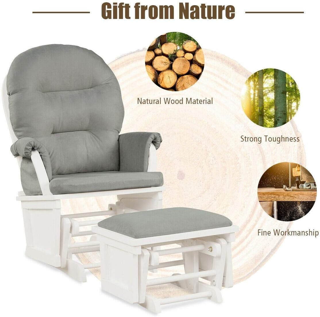 Baby Nursery Glider Chair Smooth Rocking Chair for Baby Nursing Babies Glider and Ottoman Upholstered Comfort Relax Rocker Chair with Padded Arm Cushions & Storage Pocket (Light Gray)