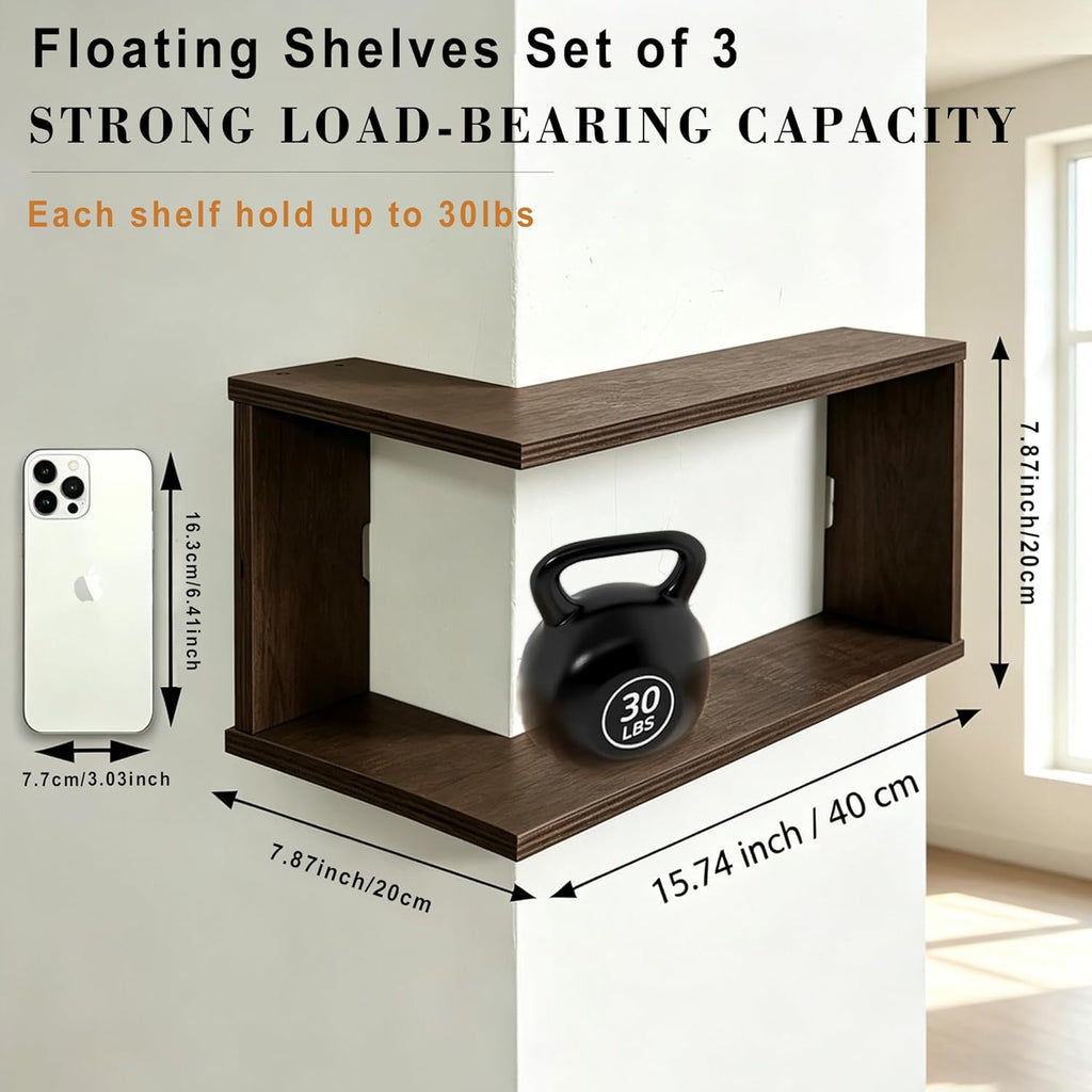LIYAOLI Floating Shelves for Inside & Outside Corners Wall Shelves, Modern Wooden Corner Shelf Wall Mounted for Bedroom Living Room Bathroom Kitchen,Space Saving Wall Decor (Vintage - Set of 3)