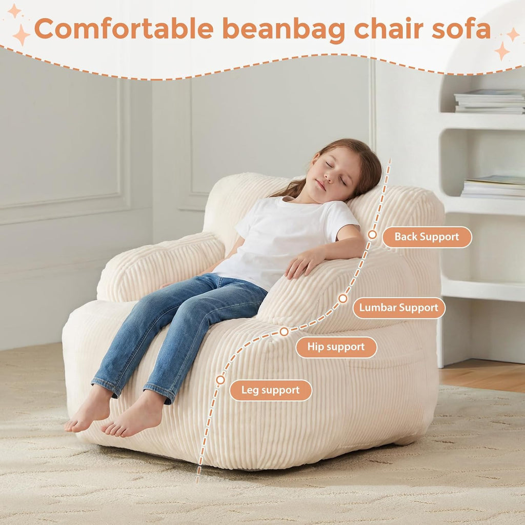 Bean Bag Chairs for Kids with Armrests, Comfy Kids Bean Bag Chair, Soft-Filled Cozy Bean Bag Sofa for Boys and Girls, Small Bean Bags for with Pocket, Floor Chair for Gaming, Reading & Relaxing, Beige