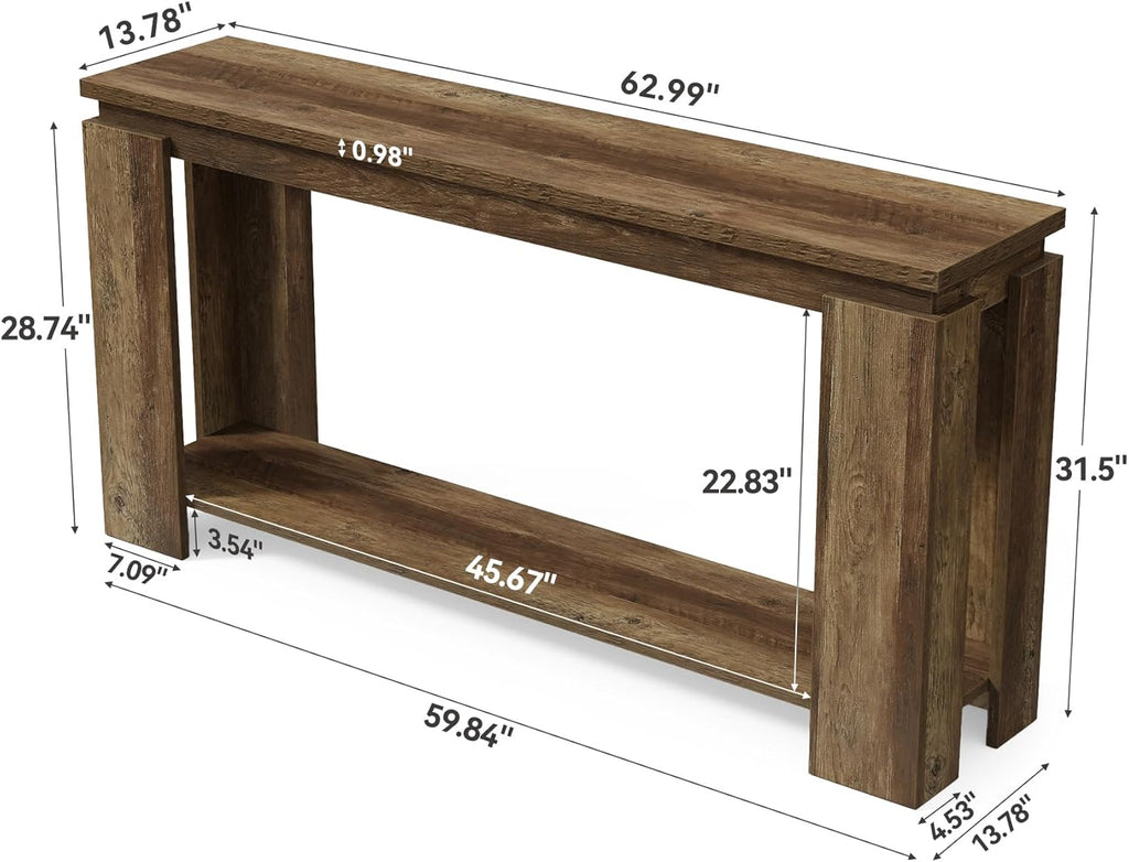 LITTLE TREE Long Entryway Table, 63-Inch Narrow Farmhouse Console Sofa Table for Behind Couch, Hallway, Entry Way, Entrance, Foyer, Living Room with 2-Tier Shelves, Vintage Brown