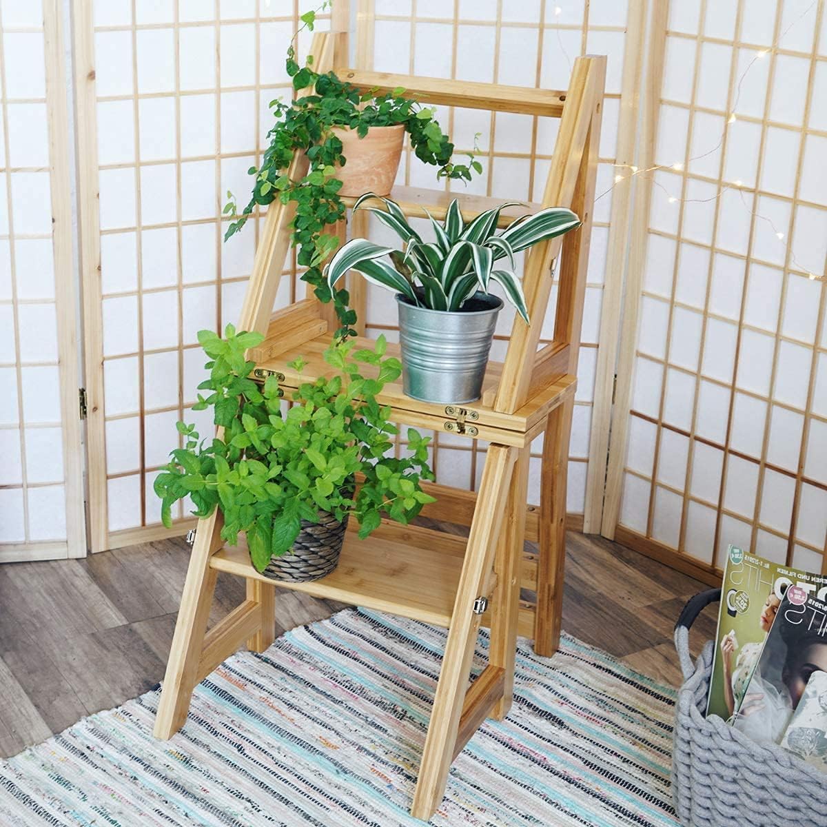 Innovative Creative Multi-Functional Bamboo Folding 3 Step Chair Stool, Reversible Portable Wooden Step Ladder Storage Shelf Use for Kitchen, Library, Garage, Office