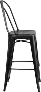 EMMA + OLIVER Commercial Grade 30" H Distressed Black Metal Indoor-Outdoor Barstool w/Back
