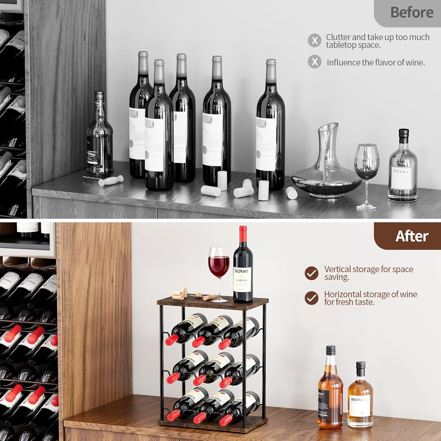Nuovoware Wine Racks Countertop, Wine 9 Bottles Holder, Metal Wine Storage Organizer for Kitchen, Bar, Table, Cabinet, Wine Cellar, Vintage Brown