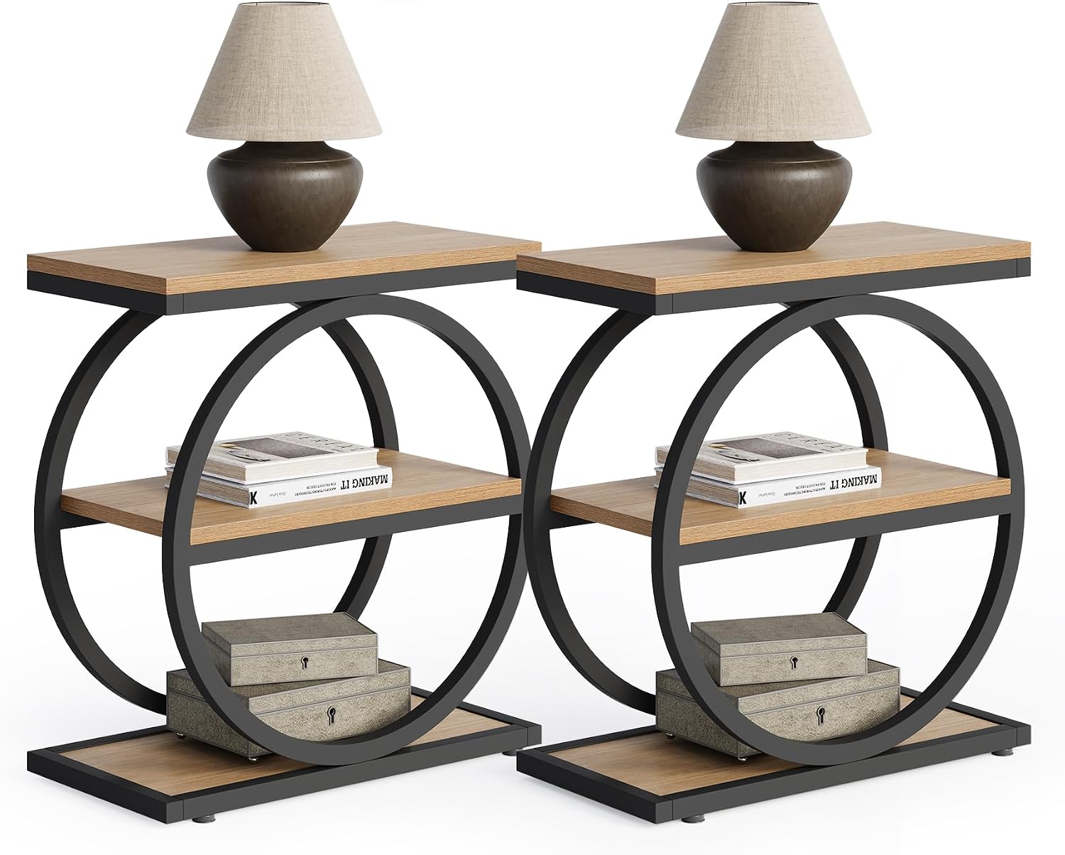 LITTLE TREE 3-Tier End Table, Side Table with Storage Shelves, Small Sofa Side Table for Living Room, Wooden Side End Table with Double Round Metal Legs, Slim Nightstand and Bedside Table, Oak