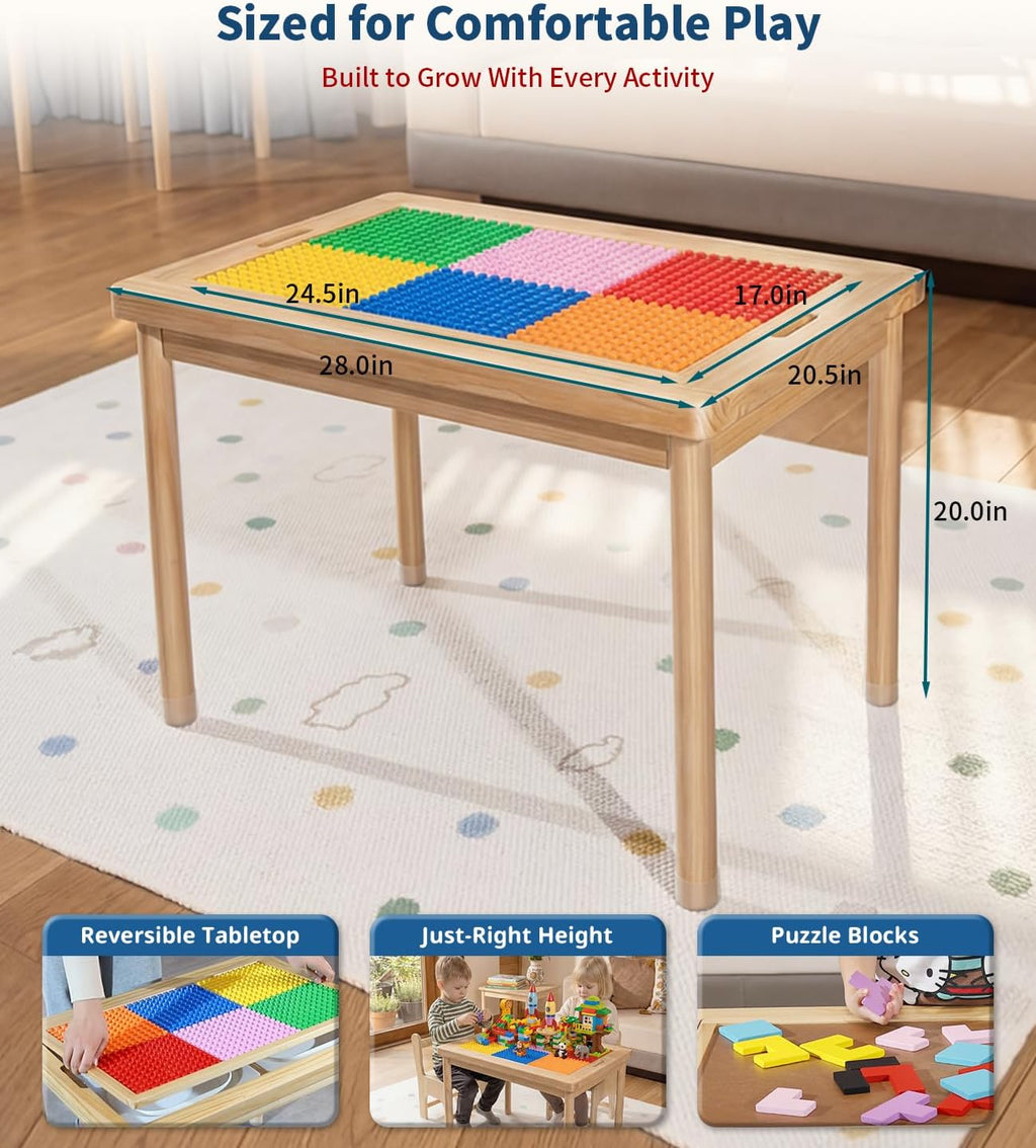 JOIN&JOY 28" Kids Activity Table, Compatible with Lego & Duplo Bricks, 4 Foldable Storage Bins, Premium Solid Pine Wood Play Desk, Reversible Tabletop for Multi-Child STEM Learning & Crafts
