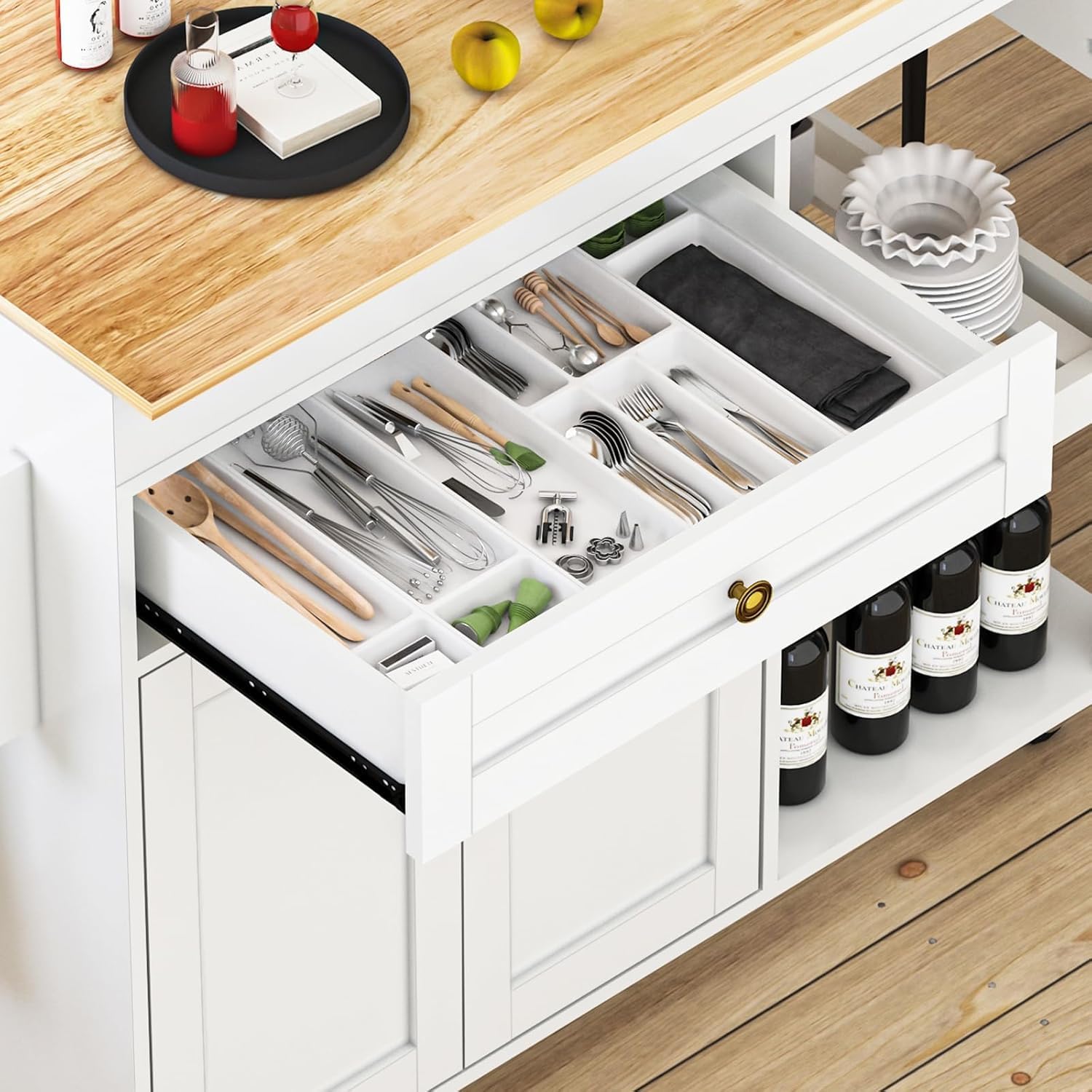 78"-49" Extendable Rolling Kitchen Island with Extended Dining Table, Mobile Kitchen Storage Islands with Storage Drawers, 2-Tier Storage Shelf, White