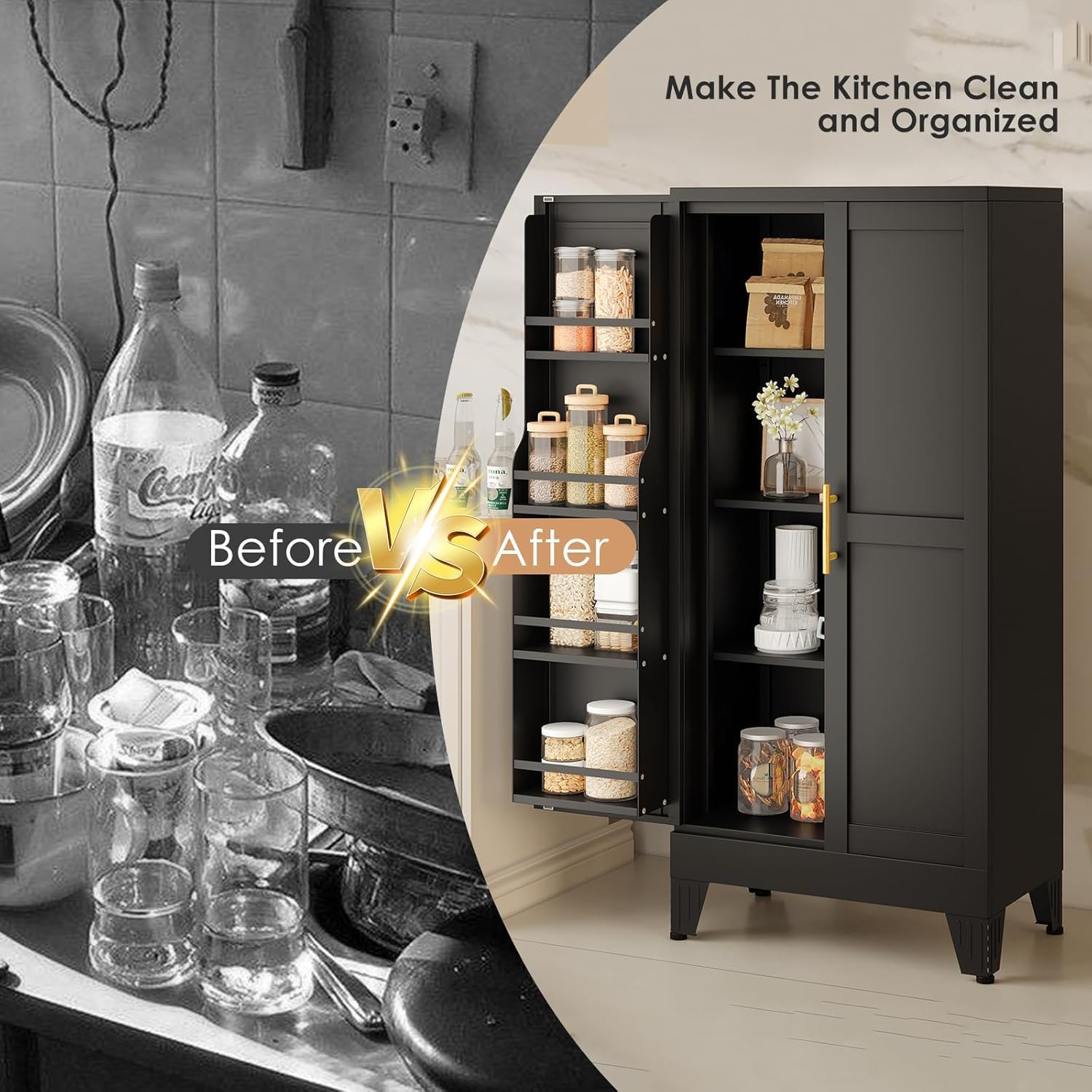 51" H Tall Metal Kitchen Pantry Storage Cabinet, Freestanding Storage Cabinets with Magnetic Doors and Adjustable Shelves, Black Metal Pantry Cabinet for Dining Room and Living Room.