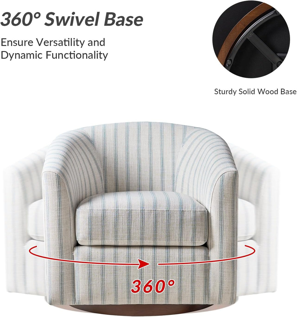 HULALA HOME Modern Swivel Accent Chair with Solid Wood Base, Round Swivel Barrel Chair with Striped Pattern, No Assembly Required, Blue