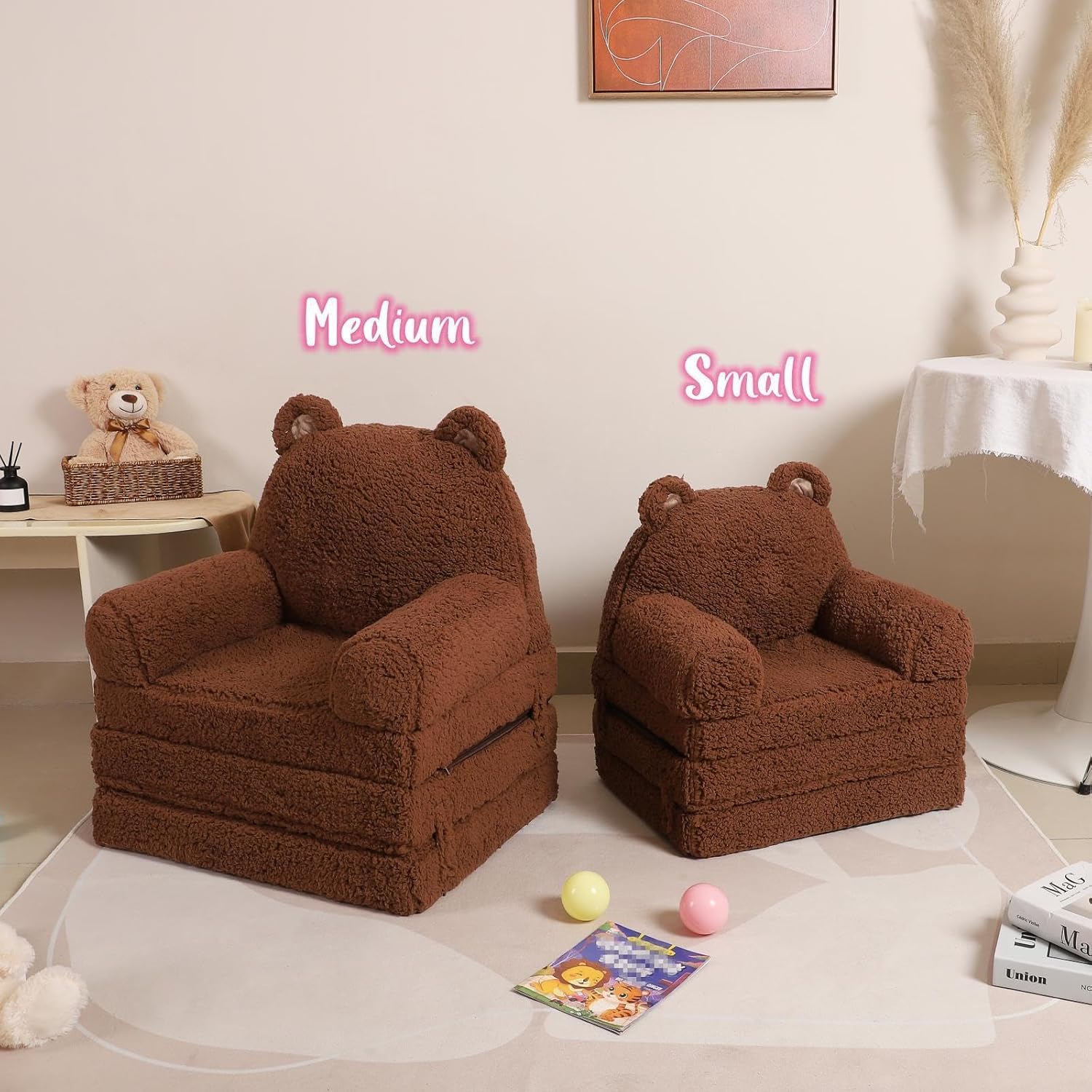 MOMCAYWEX Kids Sofa, Sherpa Couch with Tri-Layer Foam Cushions, Comfy Seating for Kids Age 18 Months and Up, Brown