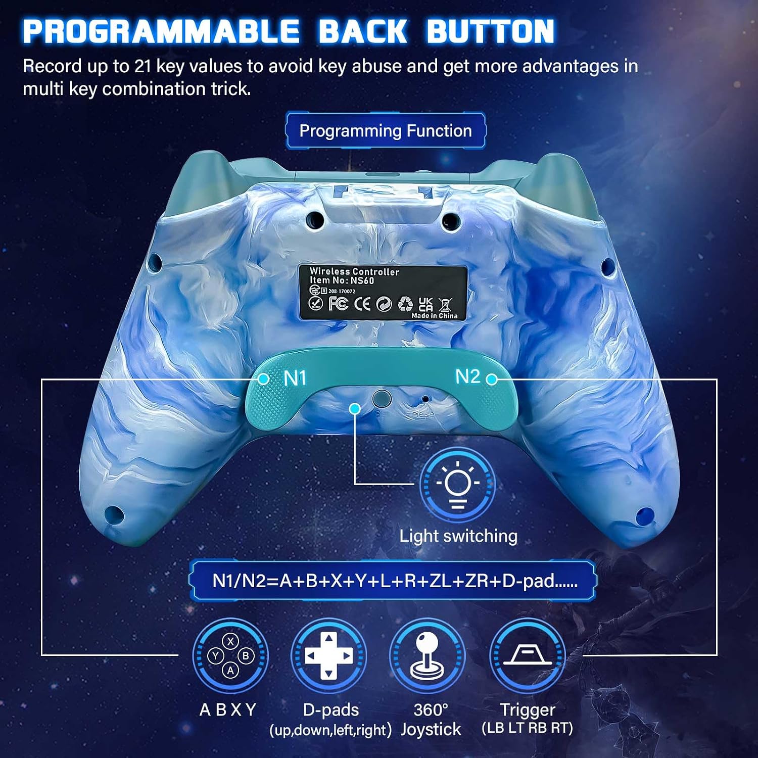 Wireless Pro Controller for Switch/OLED/Lite - 1200mAh Rechargeable Switch Turbo Controller with 10 RGB Led Light, Programmable, Wake Up - Wireless iOS Android Remote Gamepad, Wired PC Game Joystick