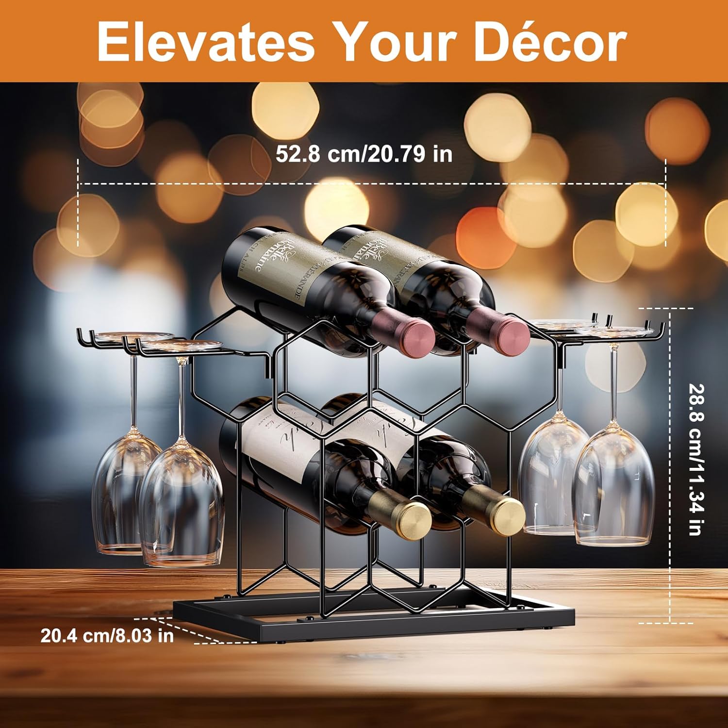 B4Life Countertop Wine Rack 3 Tier, Wine Rack with Glass Holder 8 Bottles, Freestanding Small Liquor Holder Metal, Tabletop Bottle Storage Stand for for Home, Kitchen, Bar, Cellar (Black, 8 Bottles)