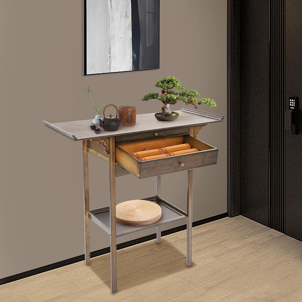 Free Standing Altar Table, Retro Chinese Style Altar Table with Drawers Meditation Table with Storage Tier and Auspicious Cloud Carving for Homes Temples Ancestral Halls (39.3x15.7x39.3 in)