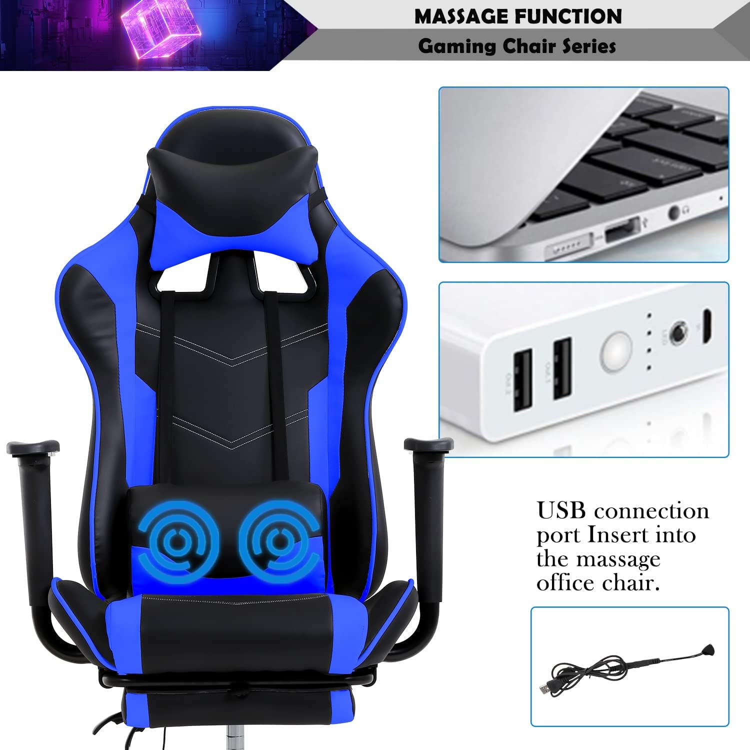 Gaming Chair, Height Adjustable Swivel Rolling Chair with Headrest Footrest and Massage Lumbar Support, PU High Back Ergonomic PC Chair for Office or Gaming, Office Gaming Chair