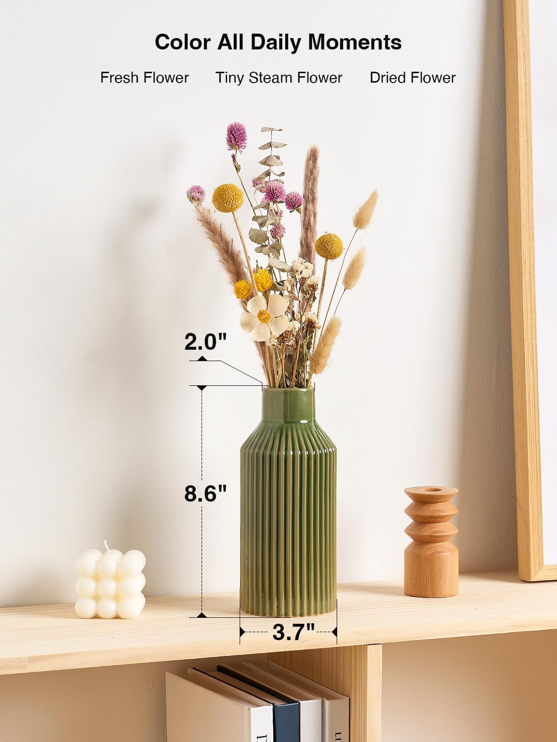 STHIE Green Ceramic Flower Vase, Minimalist Home Decoration, 8 Inch Small Pampas Grass Vases for Kitchen, Bedroom, Office, Living Room, Bathroom, Shelf Centerpiece Table