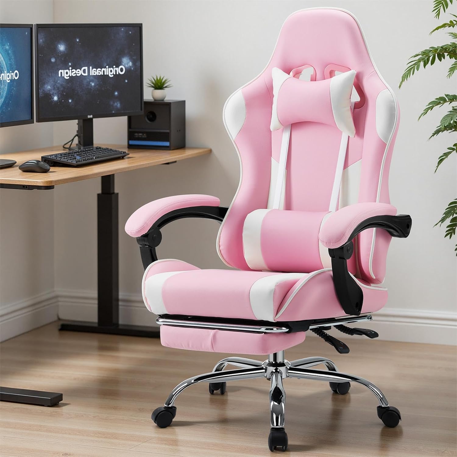 Sweetcrispy Computer Video Game Desk Chair - Ergonomic Comfy Lumbar Support with Footrest, PU Leather Recliner with Headrest, Fixed Up Armrest, Height Adjustable and 360° Swivel, for Adults, Pink