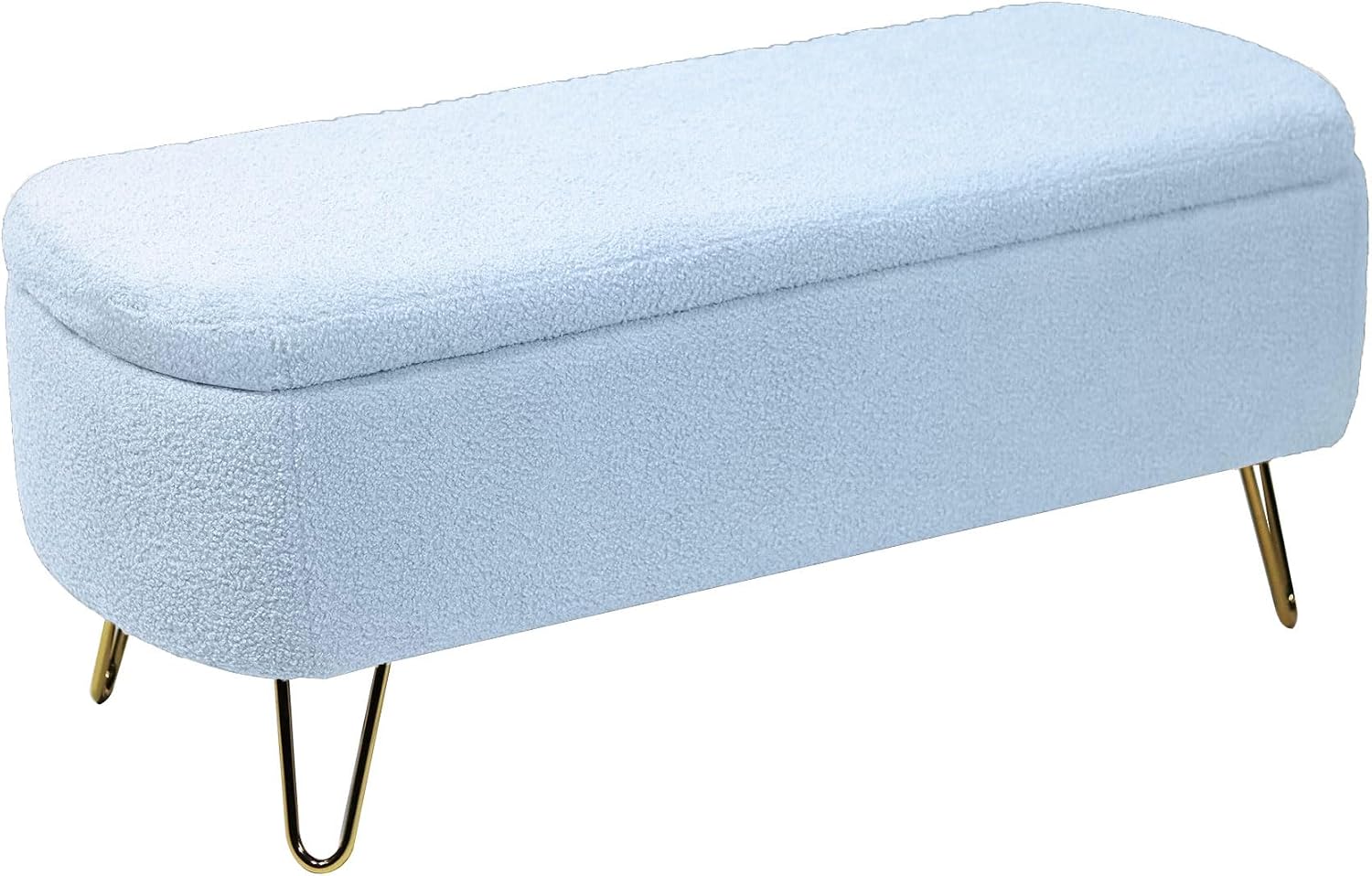 Ottoman with Storage, Small Boucle Storage Ottoman Bench,Upholstered Entryway End of Bed Bench with Cushion and Gold Legs for Bedroom Living Room, Light Blue