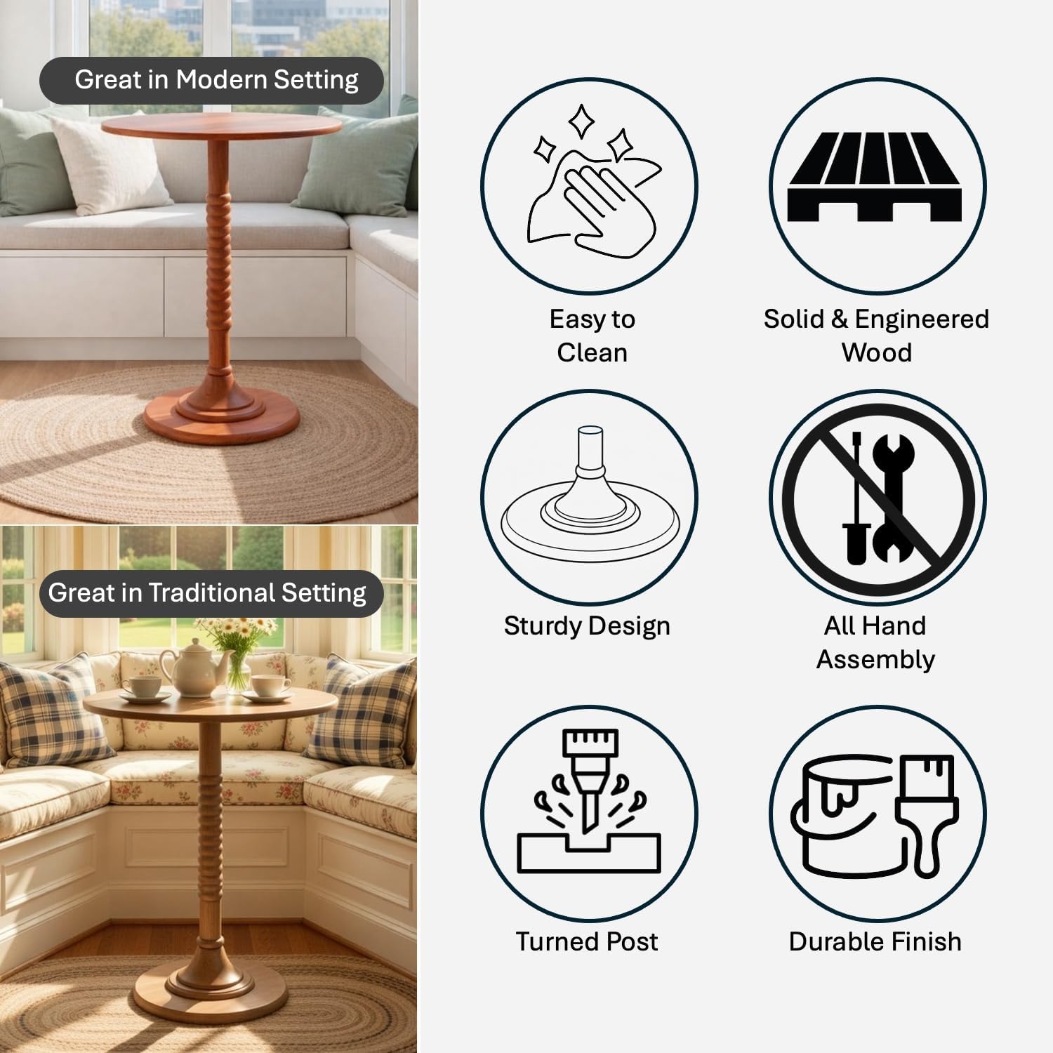Decor Therapy Crewe Round Contemporary Side Table, Pedestal Base, High Top Cocktail Table for Kitchen or Living Space - Medium Wood