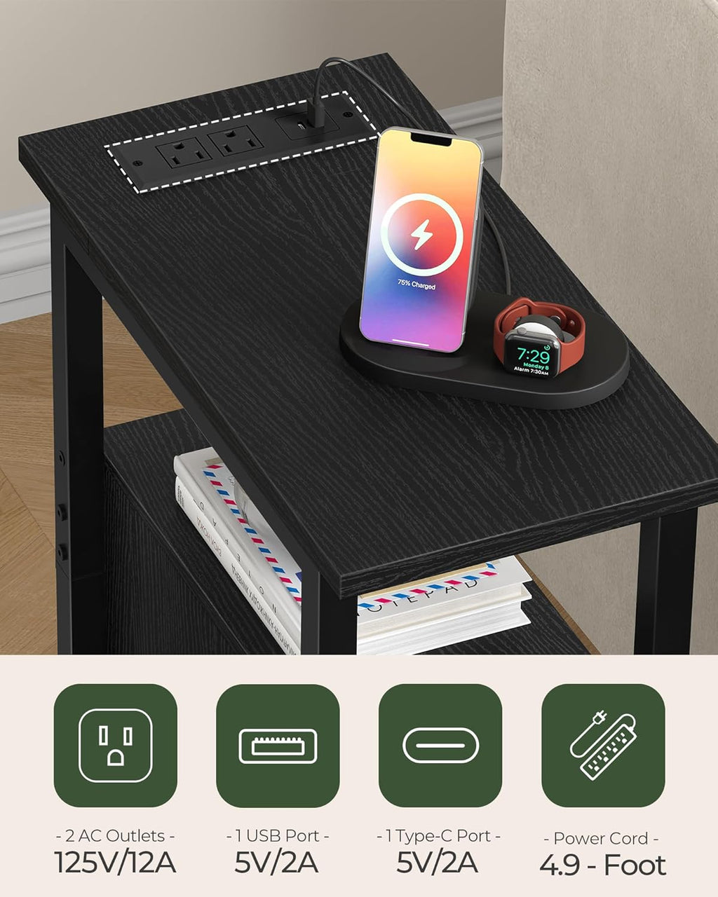 CHOEZON Farmhouse End Table, Narrow Side Table for Small Spaces, Slim Nightstand with Charging Station, with 2 AC Outlets, 1 USB and 1 Type-C Port, for Living Room, Bedroom, Black TBZ08UBB