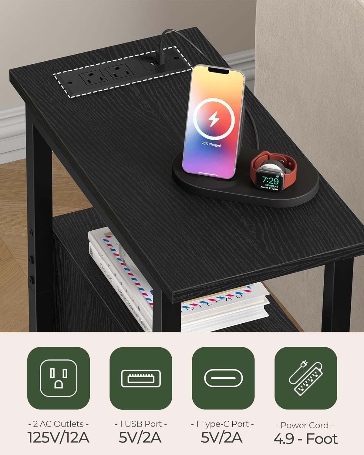 CHOEZON Farmhouse End Table, Narrow Side Table for Small Spaces, Slim Nightstand with Charging Station, with 2 AC Outlets, 1 USB and 1 Type-C Port, for Living Room, Bedroom, Black TBZ08UBB