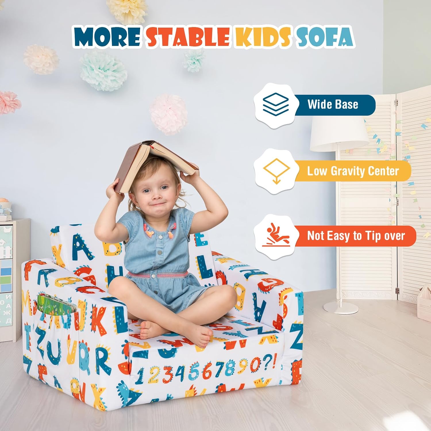 COSTWAY Kids Sofa, 2-in-1 Convertible Sofa to Lounger for Children with Side Storage Pocket, Flip Open Couch with Cut Patterns, Lightweight Toddler Furniture for Boys Girls (Alphabet)