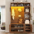 Hall Tree with Bench and Shoe Storage, Rattn Entryway Bench with Coat Rack | 39.4 inch Hall Tree with LED Lights & 6 Storage Cubbies, 7 Coat Hooks, 5-in-1 Shoe Cabinet with Rattan Doors for Small Space
