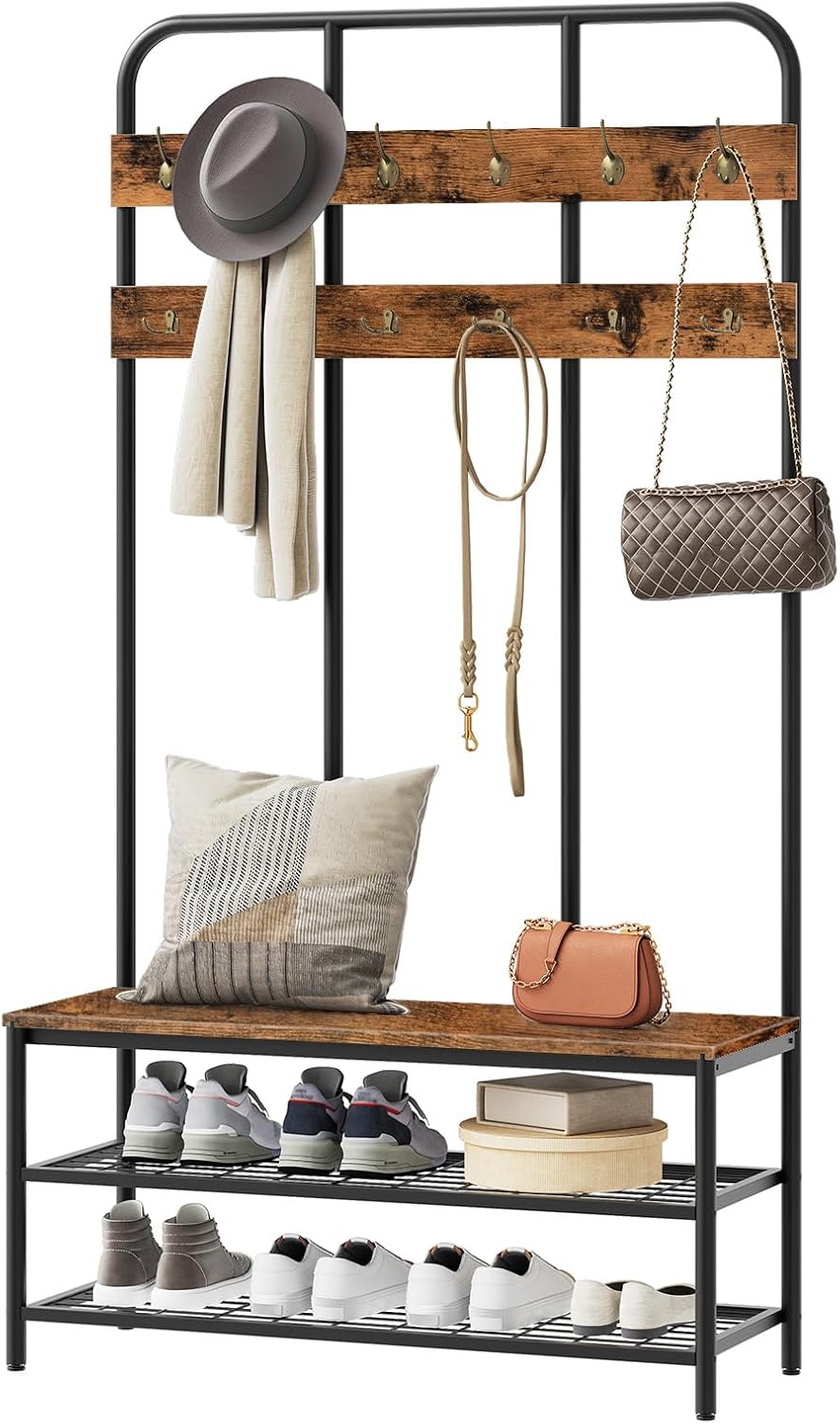 HOOBRO Hall Tree with Bench, Entryway Bench with Coat Rack, Mud Room Rack with 12 Double Hooks and Shoe Storage, Coat Tree, Shoe Rack Organizer, for Foyer, Front Door, Rustic Brown BF05MT01