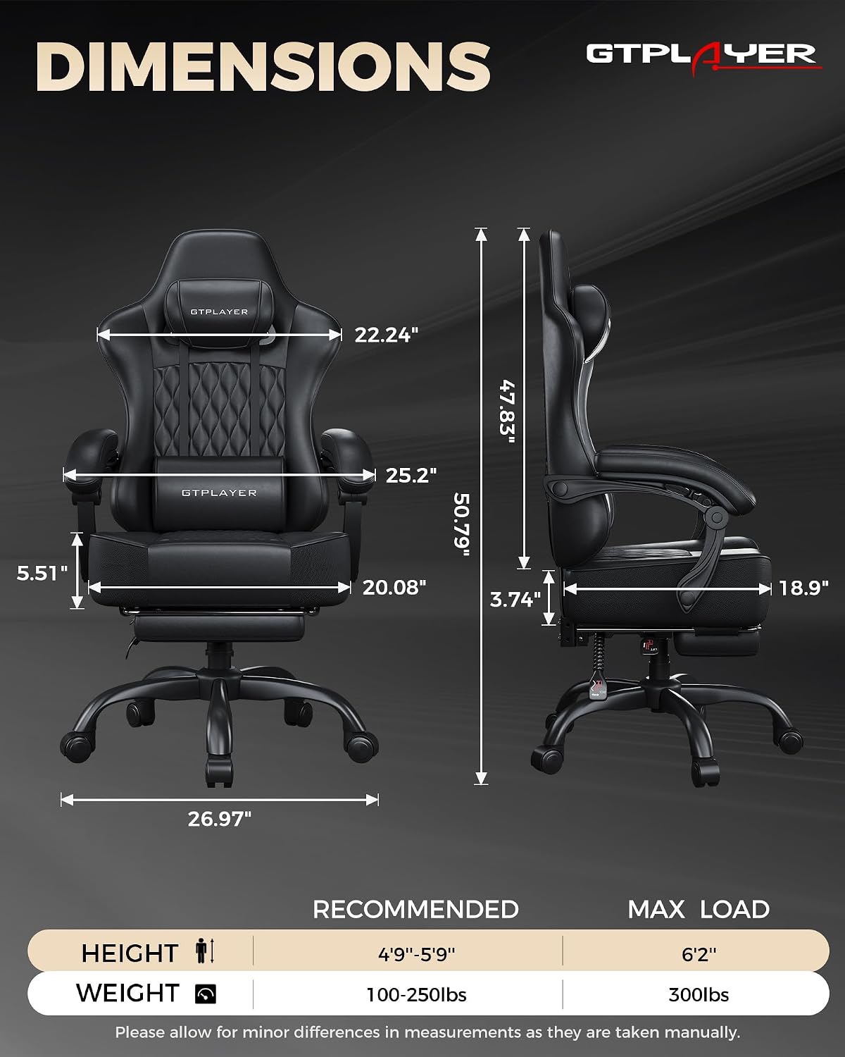 GTPLAYER Gaming Chair, 𝐁𝐢𝐠 𝐚𝐧𝐝 𝐓𝐚𝐥𝐥 Gaming Chair for Adults, 𝐖𝐢𝐝𝐞 𝐒𝐞𝐚𝐭 Computer Game Chairs with 𝐓𝐡𝐢𝐜𝐤 𝐏𝐨𝐜𝐤𝐞𝐭 𝐒𝐩𝐫𝐢𝐧𝐠 𝐂𝐮𝐬𝐡𝐢𝐨𝐧 & Footrest, 𝟑𝟓𝟎 𝐥𝐛𝐬, Black
