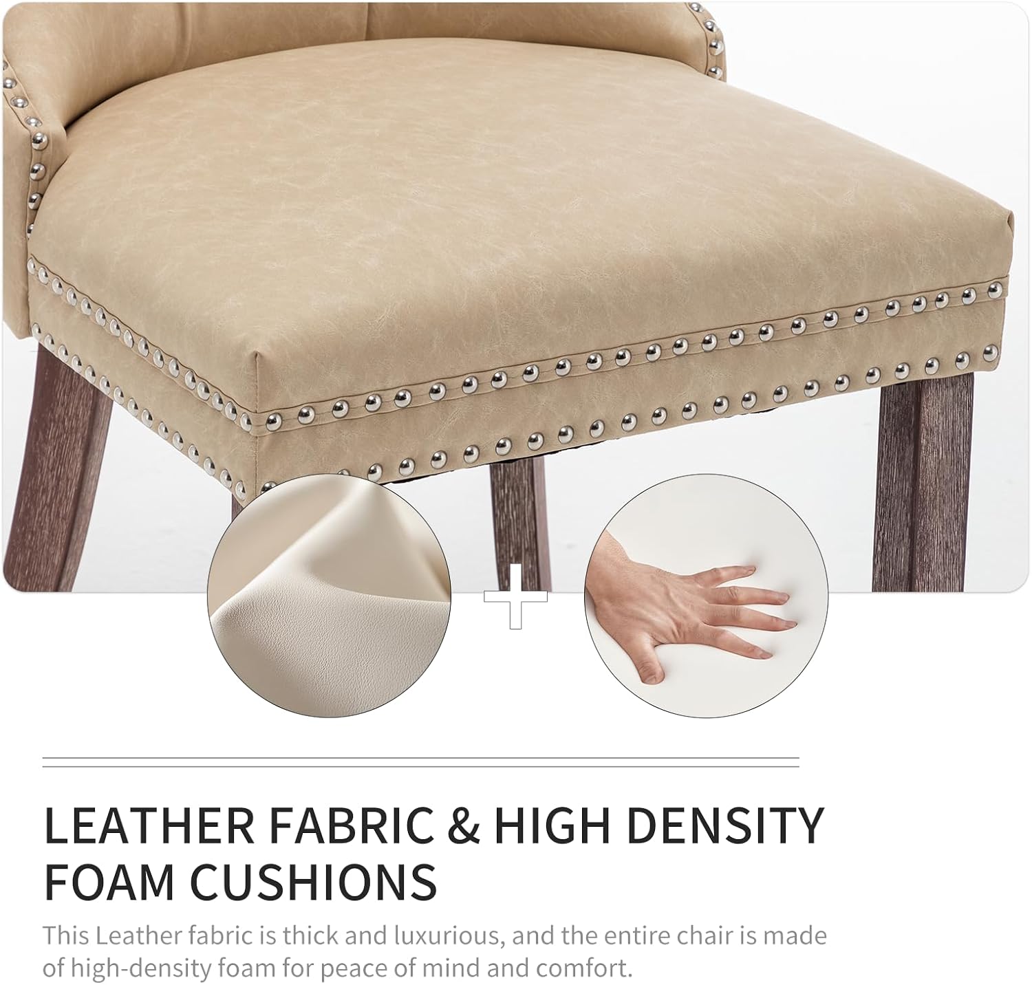 Leather Dining Chairs Set of 6, Upholstered Dining Room Chairs with Nailhead Trim, Sillas de Comedor Modernas 6, Wooden Kitchen Chairs for Dining Room, Living Room, Kitchen, Bedroom, Beige