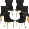 Mid Century Modern Dining Chairs Set of 6, Black Velvet Upholstered Tufted Back, Kitchen & Dining Room Chairs, Gold Metal Legs, Nailhead Trim, Sillas para Comedor (Black, 6 Pcs)