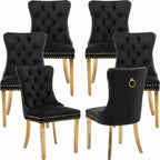 Mid Century Modern Dining Chairs Set of 6, Black Velvet Upholstered Tufted Back, Kitchen & Dining Room Chairs, Gold Metal Legs, Nailhead Trim, Sillas para Comedor (Black, 6 Pcs)