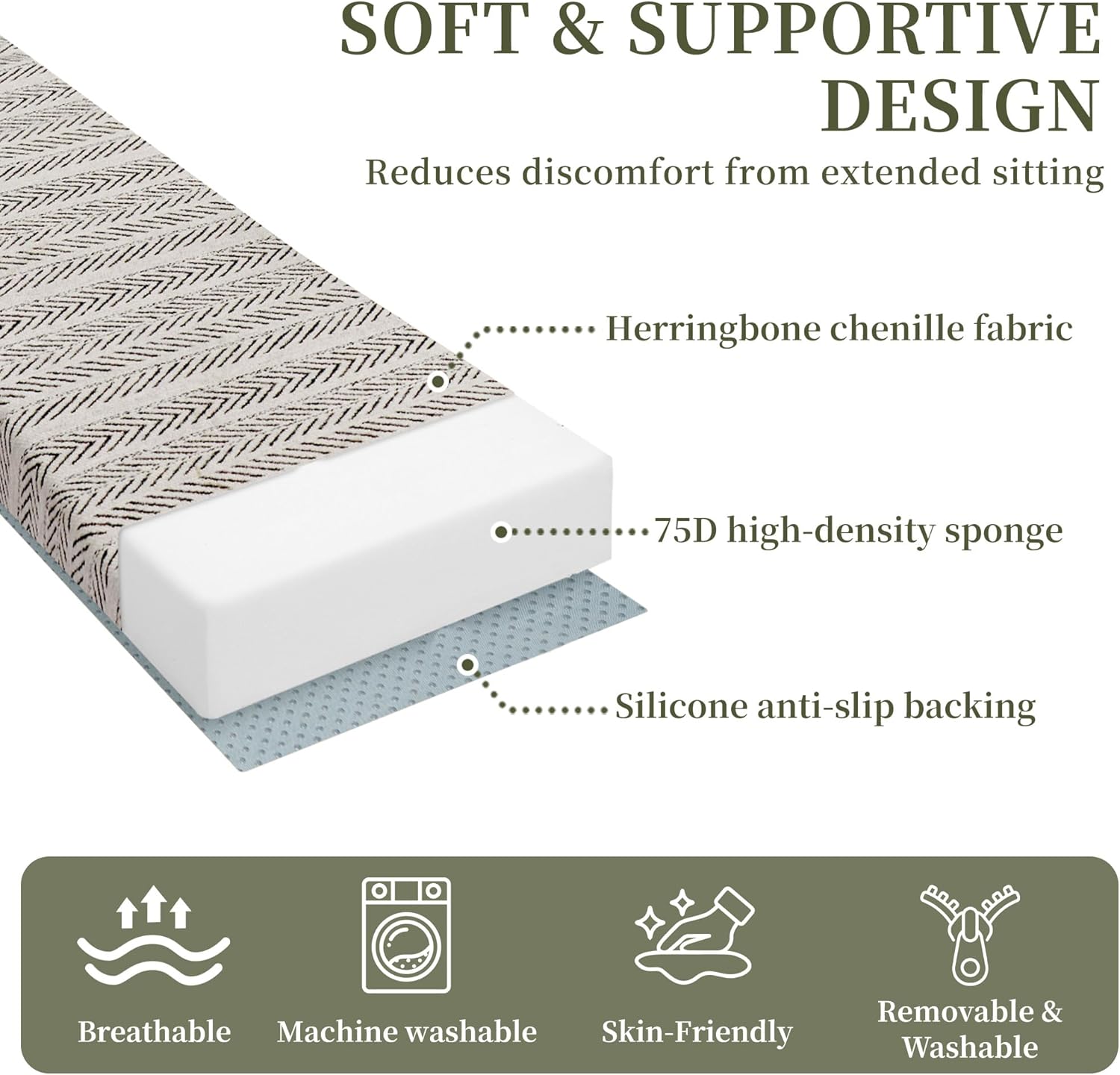 Custom Size Bench Cushion, Custom Bench Cushions for Indoor Furniture, 75D Foam Furniture Window Seat Cushion, Breakfast Nook, Mudroom, Banquette Bench Cushion, Non-Slip Bottom, Pipe Design