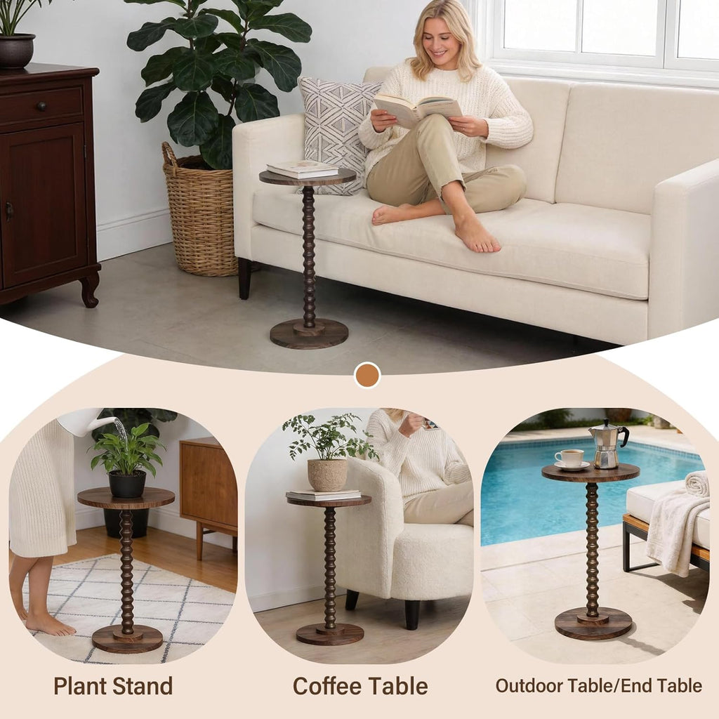 Round Side Table, Walnut Martini Drink Table for Small Spaces, Modern Pedestal Accent Tables with Wooden Leg, Small Round End Tables for Living Room, Bedroom, Balcony, Sofa Couch