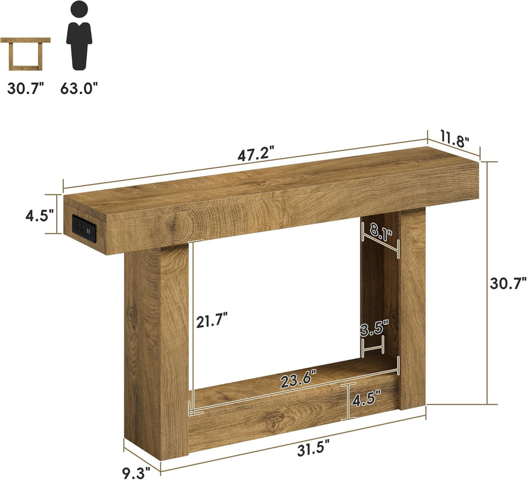 LIFECHOVY 47.2" Entryway Table with Outlet, 2-Tier Narrow Console Table with Sensor Light, Behind the Couch Sofa for Hallway/Living Room/Entrance, Natural Oak