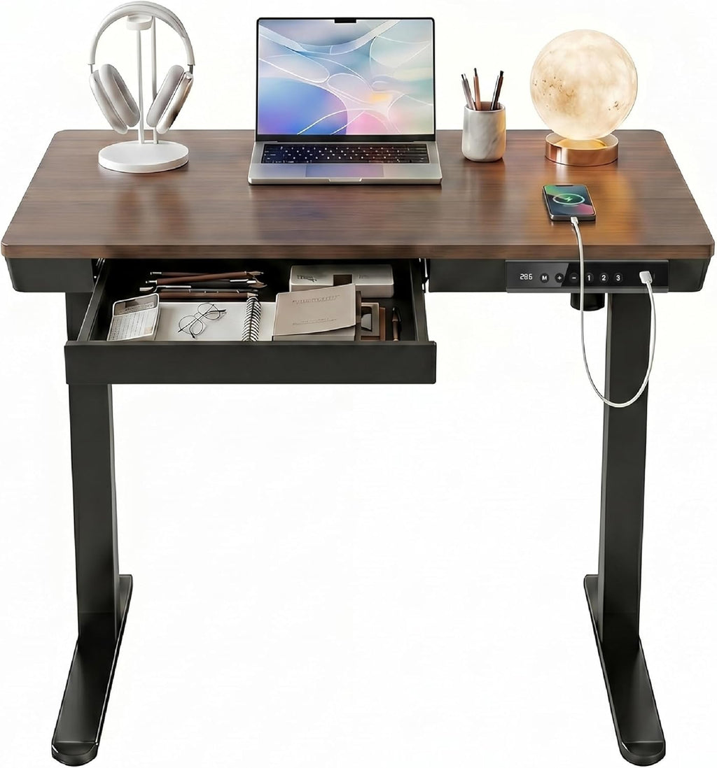 HUANUO 35 X 20 Inch Standing Desk with Drawers, Electric Adjustable Height Desk, Quick Install One-Piece Tabletop with USB Charging Ports, Sit to Stand Up Desk for Home Office, Black Walnut