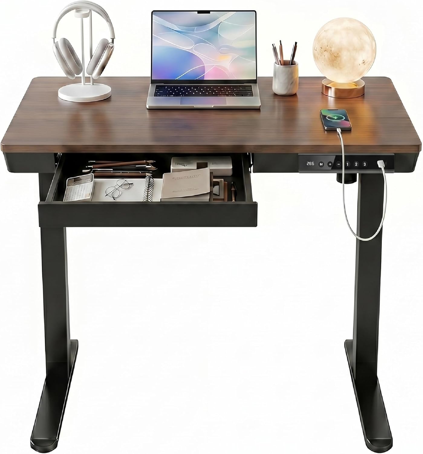 HUANUO 35 X 20 Inch Standing Desk with Drawers, Electric Adjustable Height Desk, Quick Install One-Piece Tabletop with USB Charging Ports, Sit to Stand Up Desk for Home Office, Black Walnut