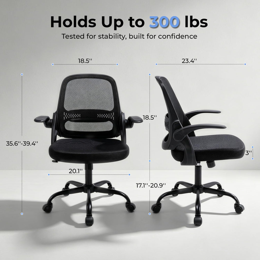 Ergonomic Mesh Office Chair for Home Office, Flip-Up Arms, Breathable Mesh Back & Thick Seat Cushion, Swivel Rolling Computer Desk Chair, BIFMA Certified, Supports 300 lbs (Black Frame/Black Seat)