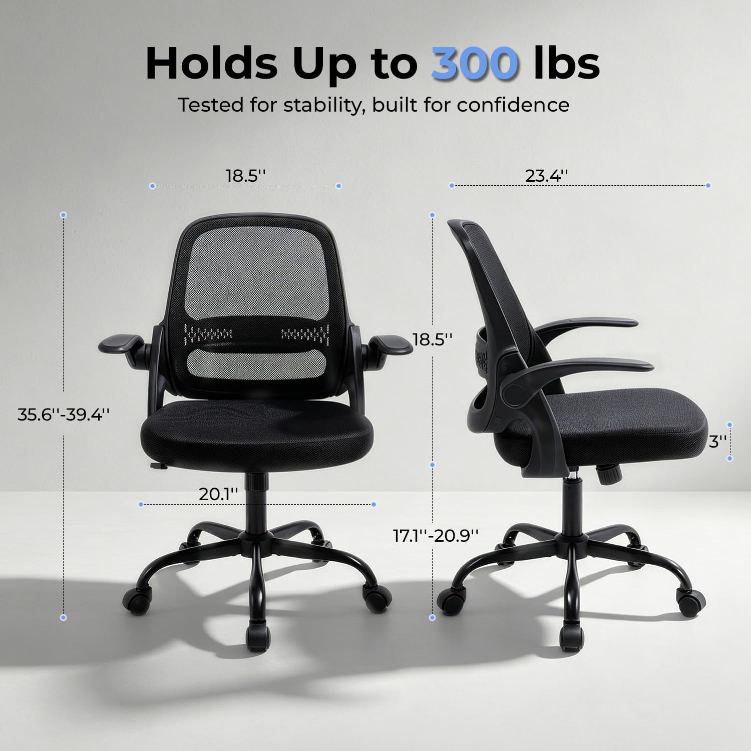 Ergonomic Mesh Office Chair for Home Office, Flip-Up Arms, Breathable Mesh Back & Thick Seat Cushion, Swivel Rolling Computer Desk Chair, BIFMA Certified, Supports 300 lbs (Black Frame/Black Seat)