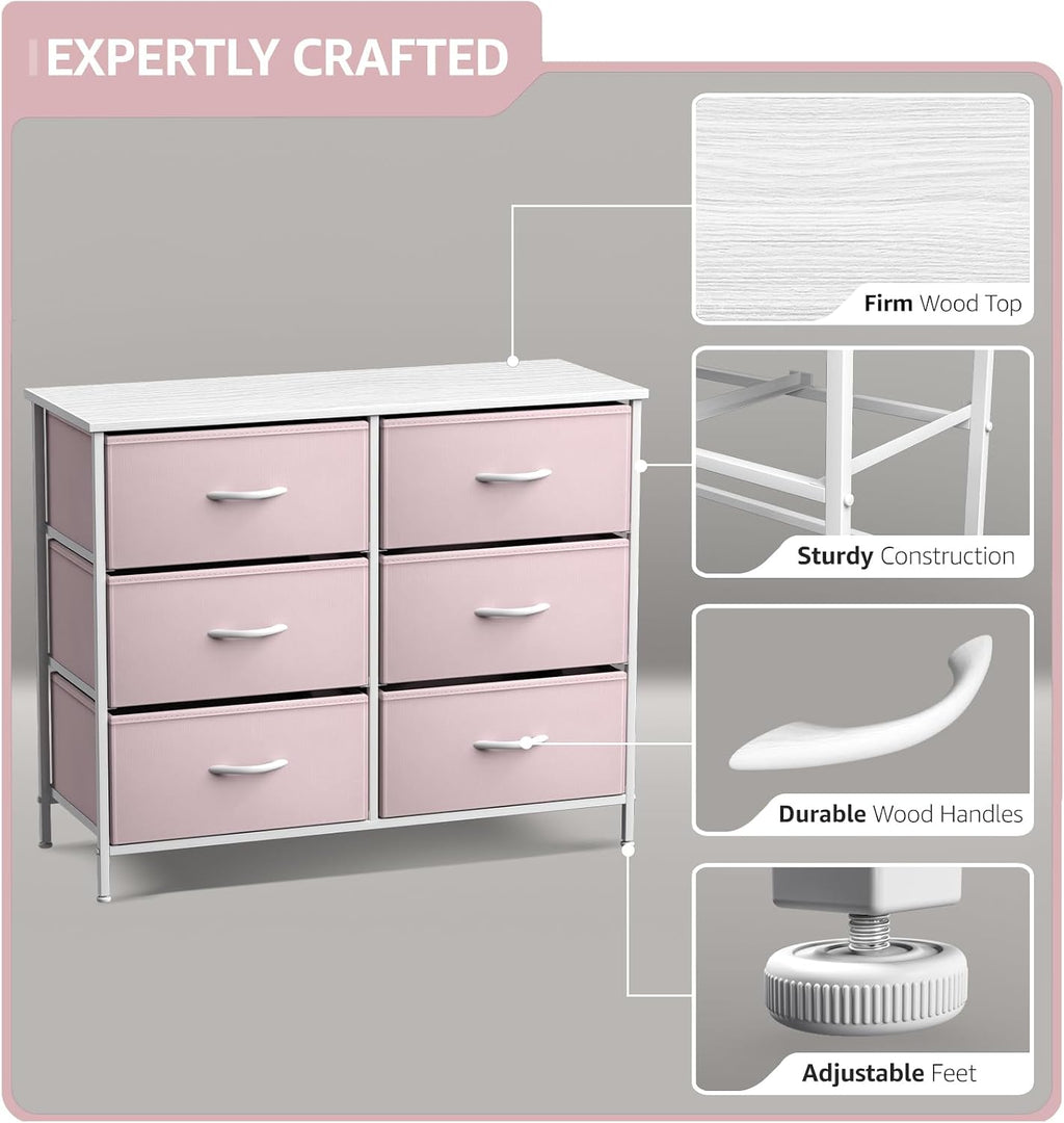 Sorbus Dresser with 6 Drawers - Furniture Storage Tower Unit for Bedroom, Hallway, Closet, Office Organization - Steel Frame, Wood Top, Easy Pull Fabric Bins (6-Drawer, Pastel Pink)
