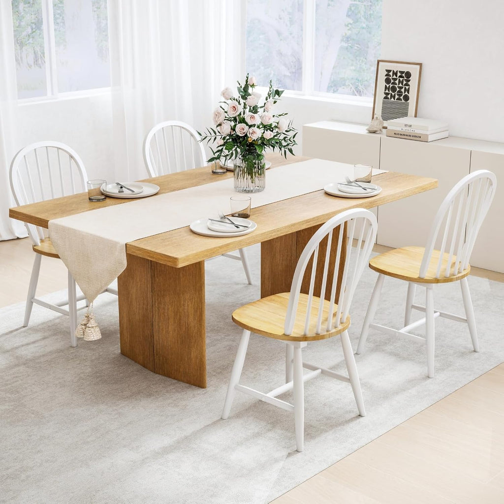 chairus White Windsor Dining Chairs Set of 2, Farmhouse Wooden Dining Room Chairs with Spindle Bow Back, Modern Cottage Oak Side Kitchen Chairs