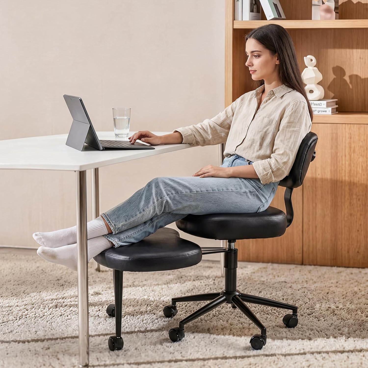 Ergonomic Cross Legged Office Chair with Adjustable Backrest and Seat, 360° Swivel Meditation PU Leather Yoga Stool Desk Chair for ADHD with Footrest, 350lbs Capacity, Black