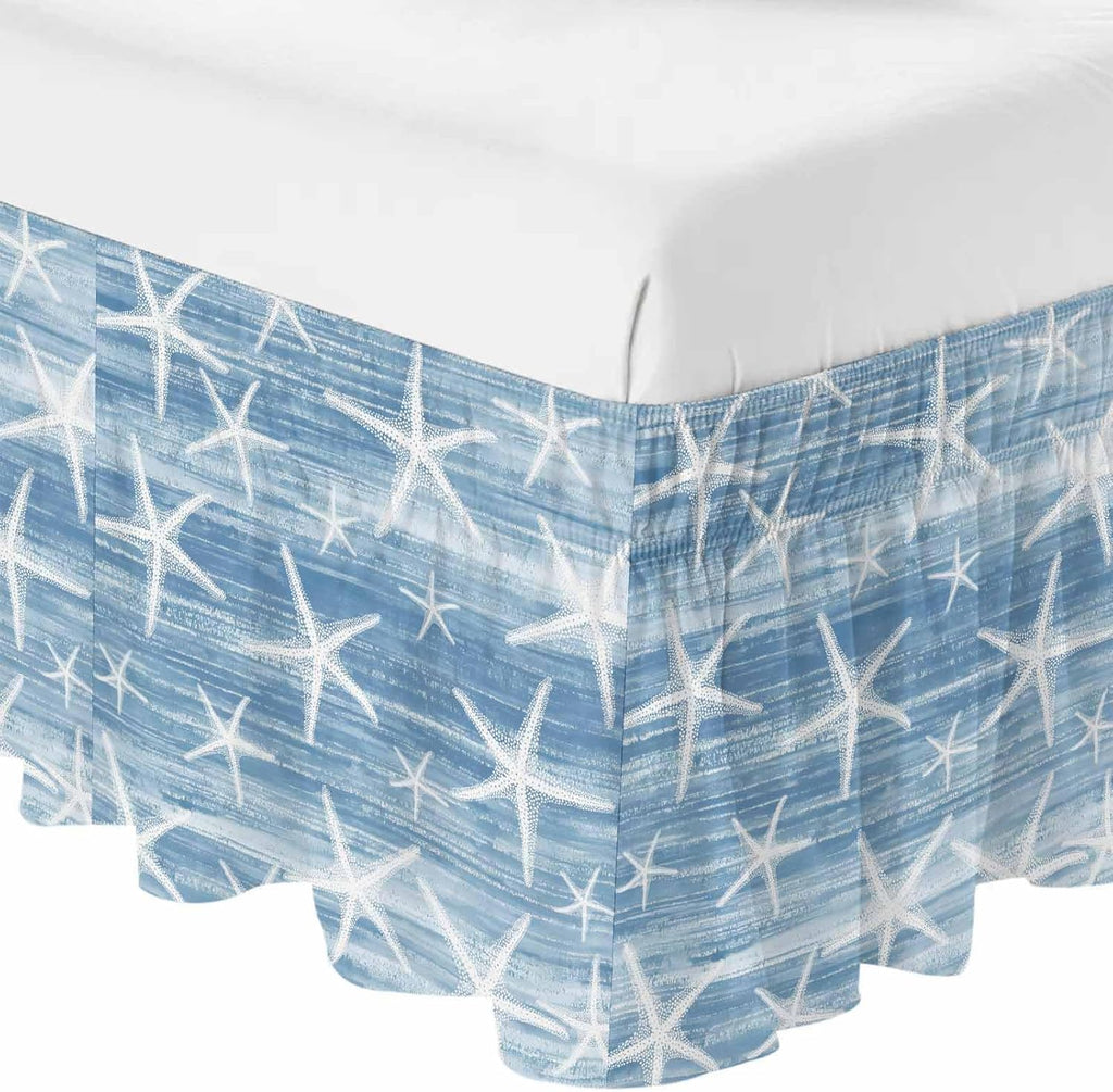 Blue Coastal Starfish Bed Skirt Queen Size 16 Inch Drop, Adjustable Elastic Bedskirt Dust Ruffle for Queen Bed, Nautical Summer Beach Ocean Wrap Around Bed Skirts Luxurious Pleated Bed Frame Cover