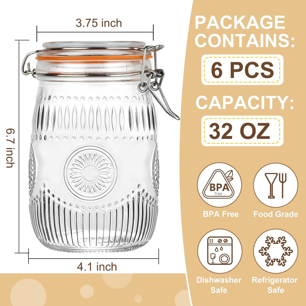 32oz Mason Jars with Airtight Lids, 6 Pack Wide Mouth Canning Jars with Clamp Lid, Quart Glass Canisters for Kitchen Storage, Pickling, Coffee, Cereal, Sugar, Flour, Beans