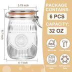 32oz Mason Jars with Airtight Lids, 6 Pack Wide Mouth Canning Jars with Clamp Lid, Quart Glass Canisters for Kitchen Storage, Pickling, Coffee, Cereal, Sugar, Flour, Beans