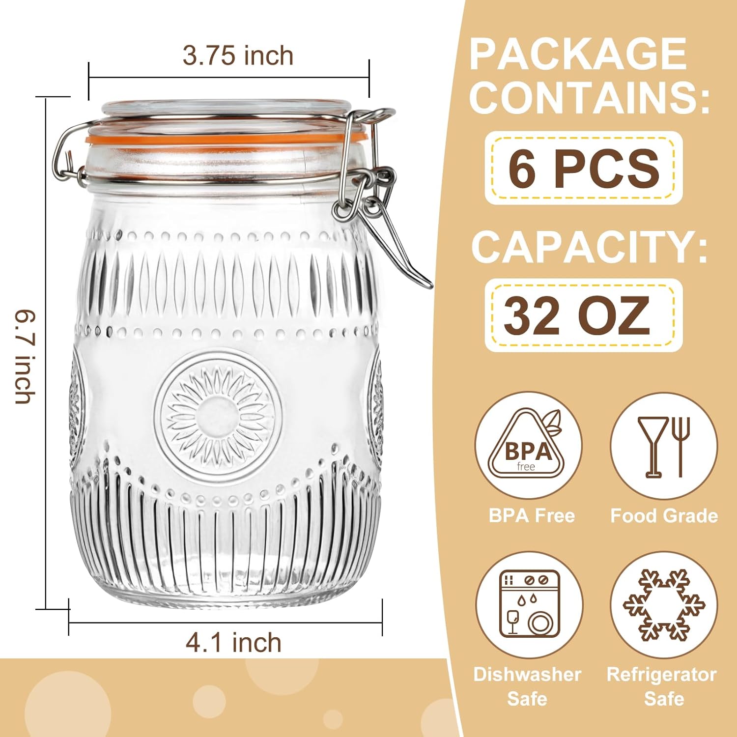 32oz Mason Jars with Airtight Lids, 6 Pack Wide Mouth Canning Jars with Clamp Lid, Quart Glass Canisters for Kitchen Storage, Pickling, Coffee, Cereal, Sugar, Flour, Beans