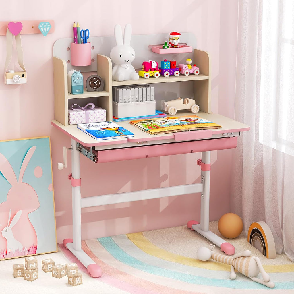 Costzon Kids Study Desk, Height Adjustable Children School Desk with Storage, Tilt Desktop, Pen Holder & Scale Ruler, Student Computer Desk Writing Table for Home School Use, Desk for Kids (Pink)